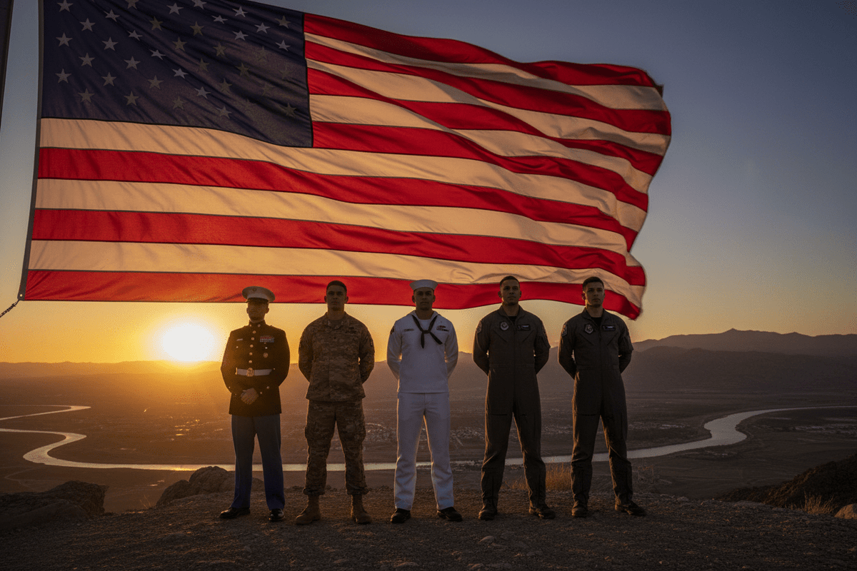 Six U.S. military service members representing the Marine Corps, Army, Navy, Air Force, Coast Guard, and Space Force standing together in front of an American flag