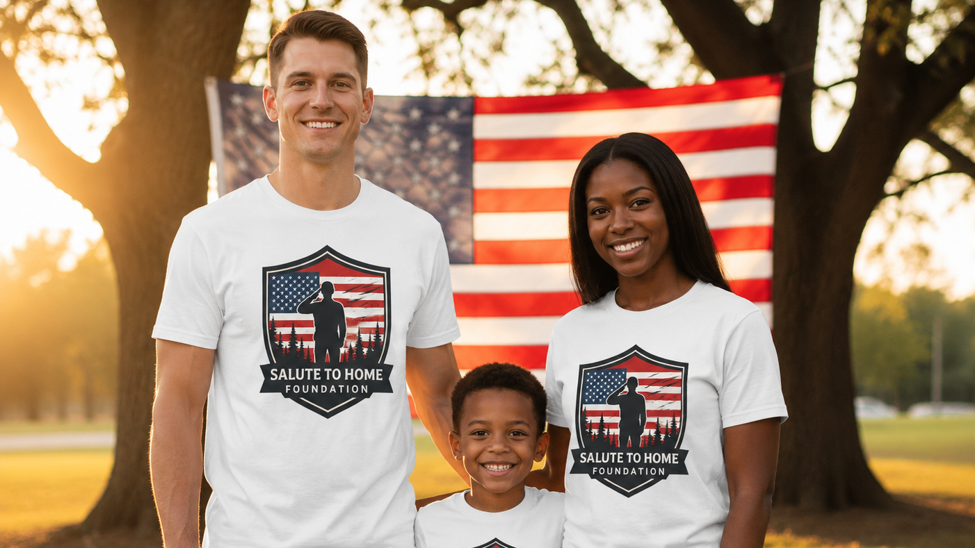 A family of three wearing matching white t-shirts with a 'Salute to Home Foundation' graphic, standing outdoors in front of a large American flag and trees.